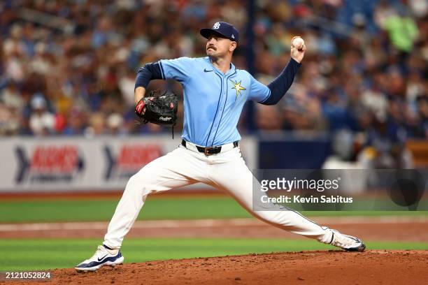 Tyler Alexander of the Tampa Bay Rays delivers a pitch during the third inning against the Toronto Blue Jays at Tropicana Field on March 31, 2024 in...