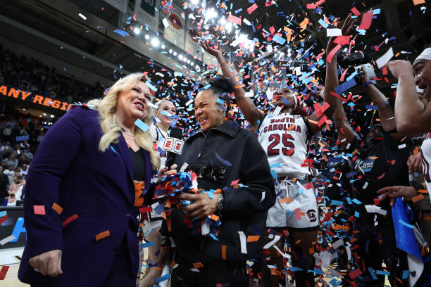 Head coach Dawn Staley of the South Carolina Gamecocks is interviewed by Holly Rowe from ESPN after defeating the Oregon State Beavers during the...