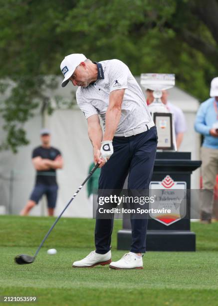 David Skinns hits his tee shot on 1 during the final round of the PGA Texas Children's Houston Open at Memorial Park Golf Course on March 31, 2024 in...