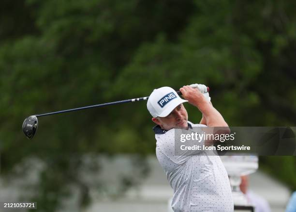 David Skinns watches his tee shot on 1 during the final round of the PGA Texas Children's Houston Open at Memorial Park Golf Course on March 31, 2024...