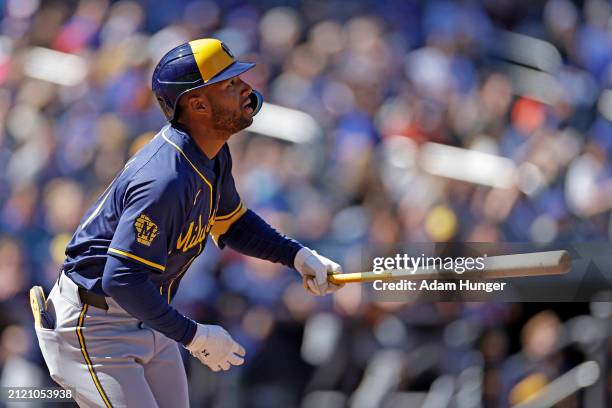 Jackson Chourio of the Milwaukee Brewers hits an RBI double against the New York Mets during the first inning at Citi Field on March 31, 2024 in New...