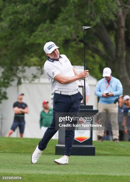 David Skinns watches his tee shot on 1 during the final round of the PGA Texas Children's Houston Open at Memorial Park Golf Course on March 31, 2024...