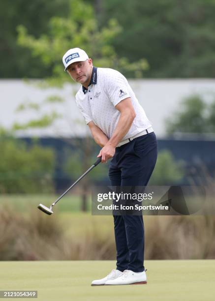 David Skinns watches his putt on 1 green during the final round of the PGA Texas Children's Houston Open at Memorial Park Golf Course on March 31,...