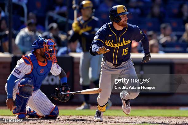 Oliver Dunn of the Milwaukee Brewers hits an RBI single against the New York Mets during the fifth inning at Citi Field on March 31, 2024 in New York...