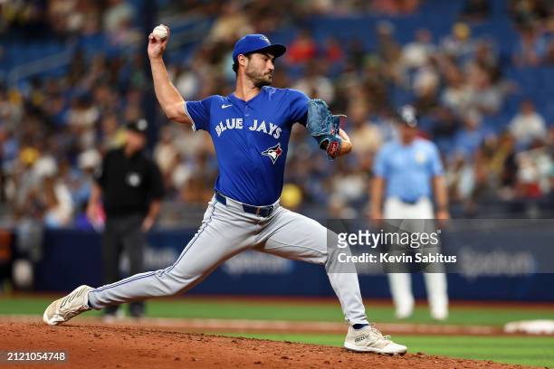 Mitch White of the Toronto Blue Jays delivers a pitch during the sixth inning against the Tampa Bay Rays at Tropicana Field on March 31, 2024 in St...