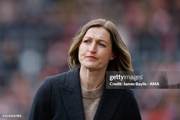Former England Women player Ellen White working as a pundit for BBC Sport during the FA Women's Continental Tyres League Cup Final match between...