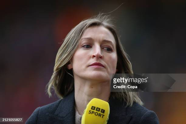 Ellen White on duty for BBC Sport ahead of during the FA Women's Continental Tyres League Cup Final match between Arsenal and Chelsea at Molineux on...