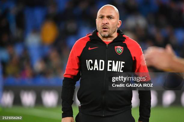 Toulon's French head-coach Pierre Mignoni looks on prior to the French Top 14 rugby union match between Aviron Bayonnais and Rugby Club Toulonnais at...