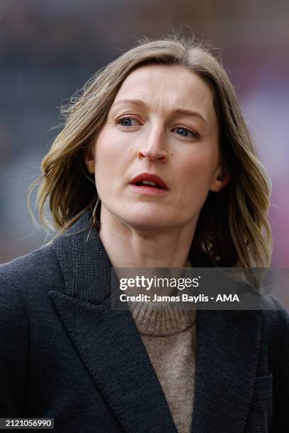 Former England player Ellen White working for BBC Sport during the FA Women's Continental Tyres League Cup Final match between Arsenal and Chelsea at...