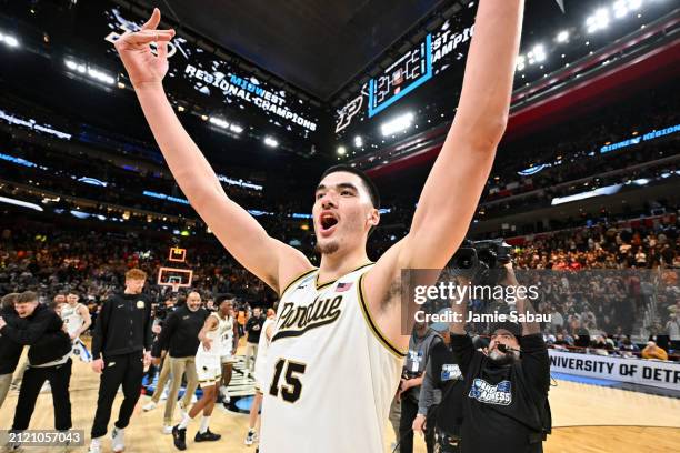 Zach Edey of the Purdue Boilermakers celebrates their win against the Tennessee Volunteers during the Elite Eight round of the 2024 NCAA Men's...