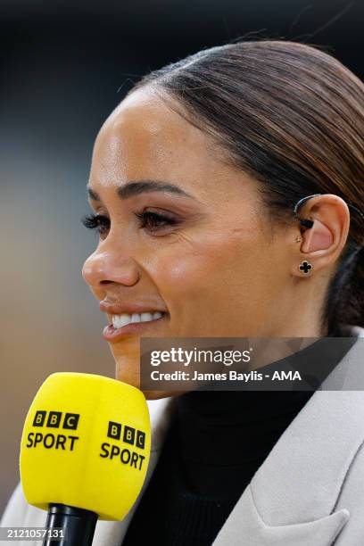 Presenter Alex Scott working for BBC Sport during the FA Women's Continental Tyres League Cup Final match between Arsenal and Chelsea at Molineux on...