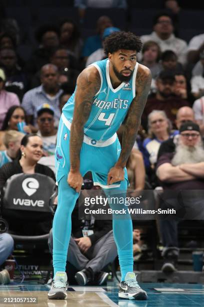 Nick Richards of the Charlotte Hornets looks on during the game against the LA Clippers on March 31, 2024 at Spectrum Center in Charlotte, North...