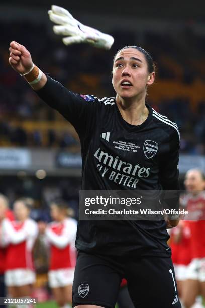 Arsenal goalkeeper Manuela Zinsberger throws her glove to the crowd during the FA Women's Continental Tyres League Cup Final match between Arsenal...