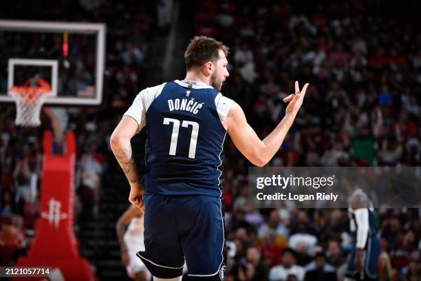 Luka Doncic of the Dallas Mavericks celebrates during the game against the Houston Rockets on March 31, 2024 at the Toyota Center in Houston, Texas....