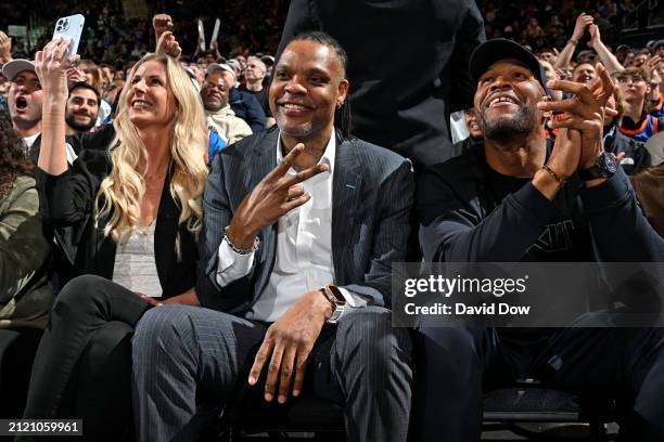 Latrell Sprewell and Michael Strahan attends the game between the Oklahoma City Thunder and the New York Knicks on March 31, 2024 at Madison Square...