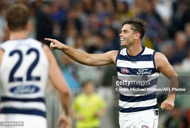Tom Hawkins of the Cats celebrates a goal during the 2024 AFL Round 03 match between the Hawthorn Hawks and the Geelong Cats at the Melbourne Cricket...