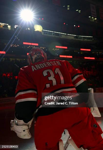 Frederik Andersen of the Carolina Hurricanes takes the ice prior to the game against the Detroit Red Wings at PNC Arena on March 28, 2024 in Raleigh,...