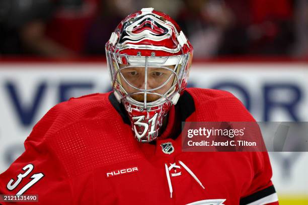 Frederik Andersen of the Carolina Hurricanes looks on prior to the game against the Detroit Red Wings at PNC Arena on March 28, 2024 in Raleigh,...