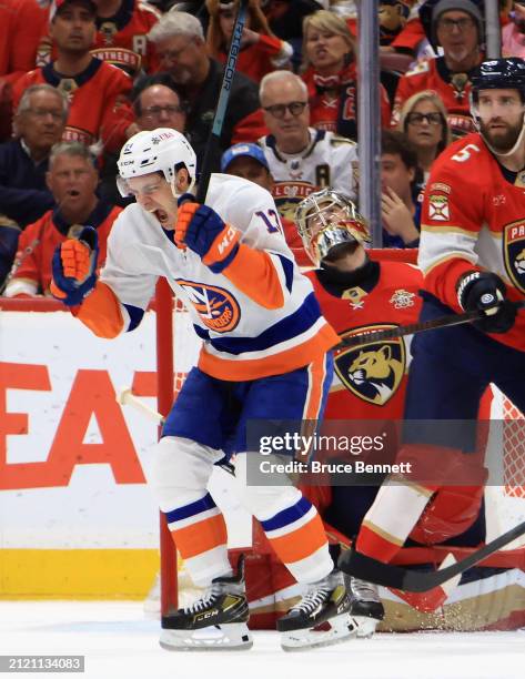 Mathew Barzal of the New York Islanders celebrates his second period goal against Anthony Stolarz of the Florida Panthers at Amerant Bank Arena on...
