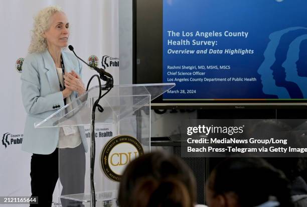 Los Angeles, CA Barbara Ferrer, director of the L.A. County health department speaks to the crowd gathered at Charles R. Drew University, for the...