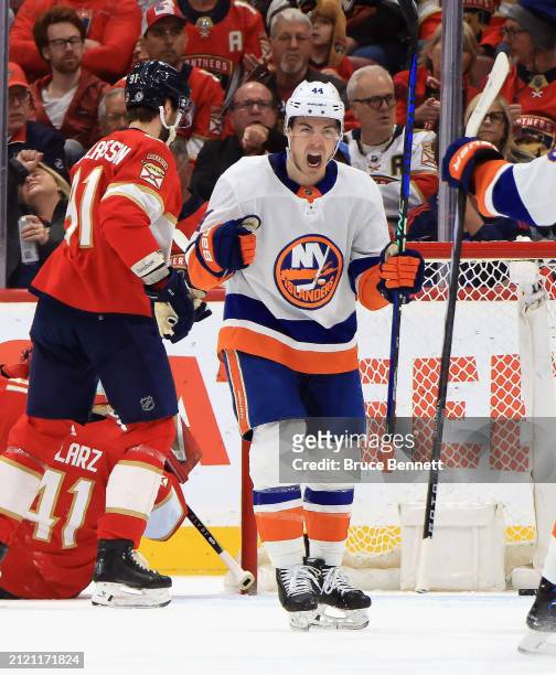 Jean-Gabriel Pageau of the New York Islanders celebrates his second period goal against the Florida Panthers at Amerant Bank Arena on March 28, 2024...