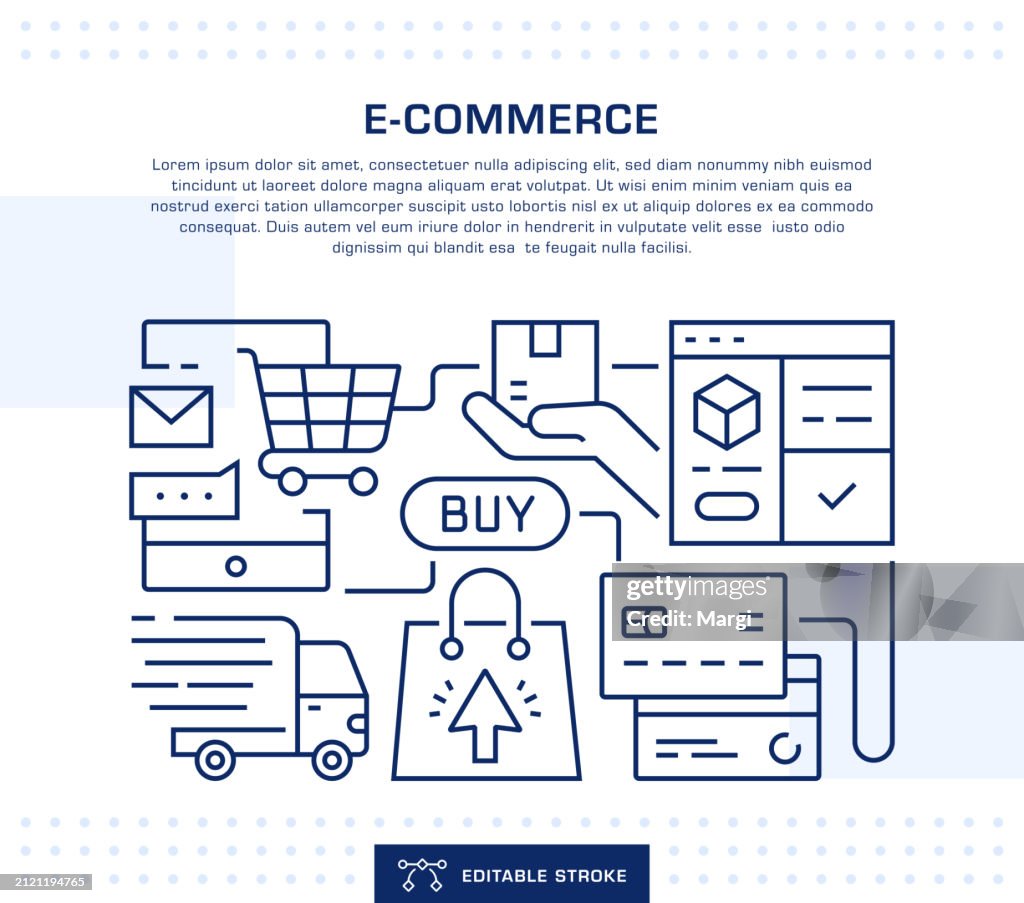 Encabezado de concepto de comercio electrónico, plantilla de banner web. Ilustración editable de línea fina