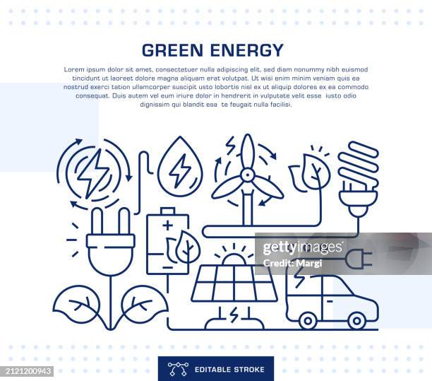 green energy concept header, web banner template. editable thin line illustration - renewable-energy-illustration stock illustrations