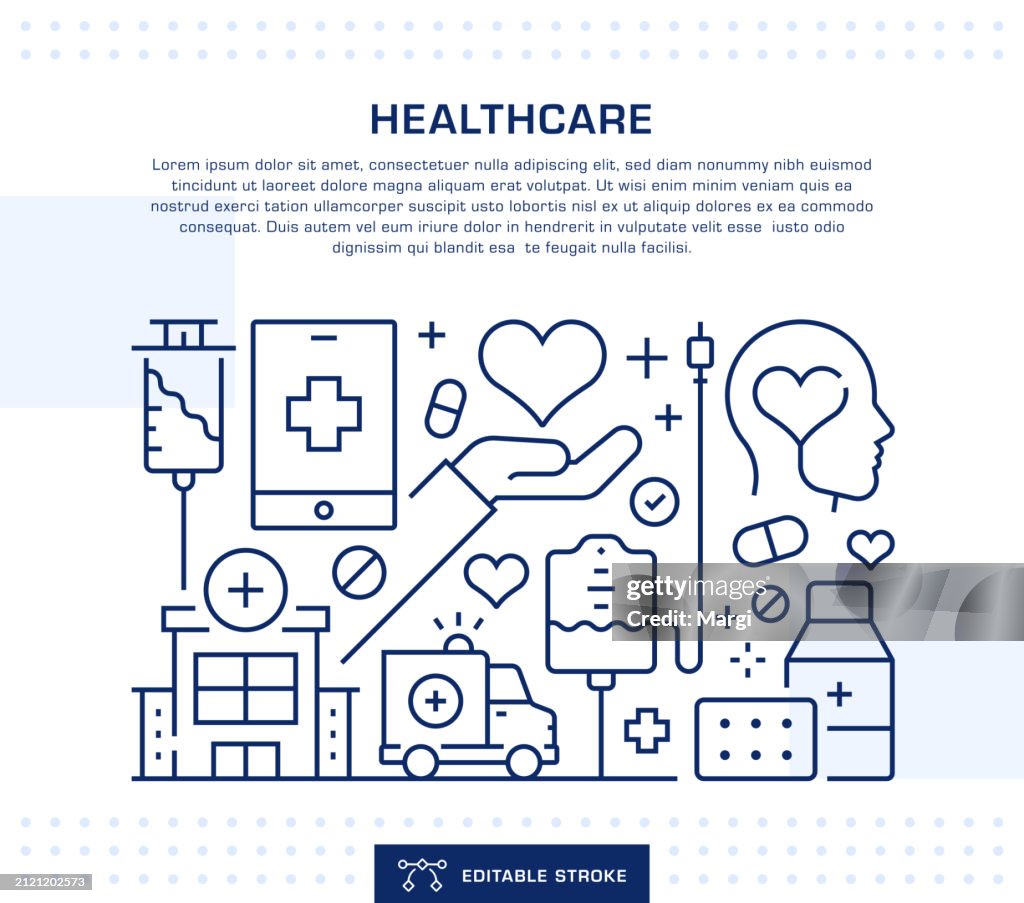 Healthcare Concept Header, Web Banner Template. Editable Thin Line Illustration