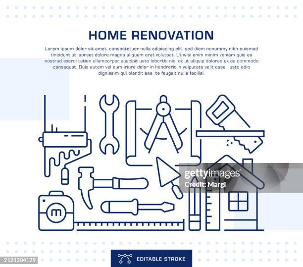 stockillustraties, clipart, cartoons en iconen met home renovation concept header, web banner template. editable thin line illustration - schietlood-meetinstrument