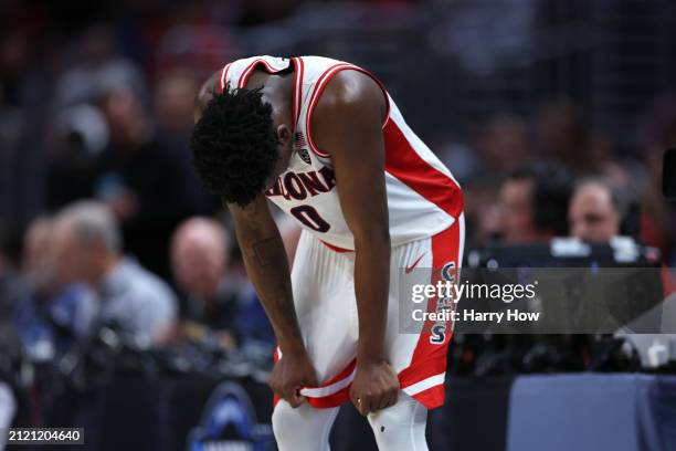 Jaden Bradley of the Arizona Wildcats reacts in a game against the Clemson Tigers during the second half in the Sweet 16 round of the NCAA Men's...