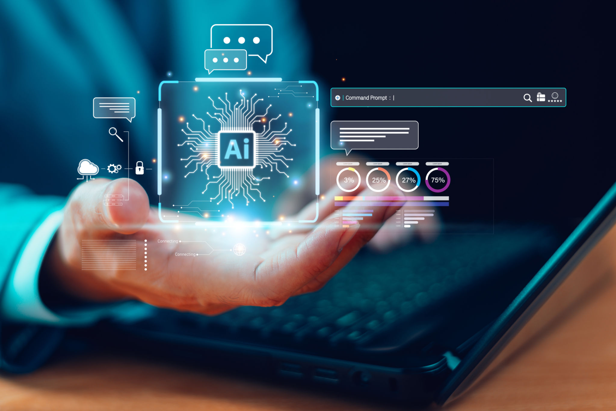 AI tech help business concept. Artificial intelligence technology assistance. Technology customer service. Businessman connect robot Chat AI, command prompt generates futuristic transformation AI tech help business concept. Artificial intelligence technology assistance. Technology customer service. Businessman connect robot Chat AI, command prompt generates futuristic transformation