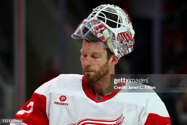 James Reimer of the Detroit Red Wings reacts during the second period of the game against the Carolina Hurricanes at PNC Arena on March 28, 2024 in...