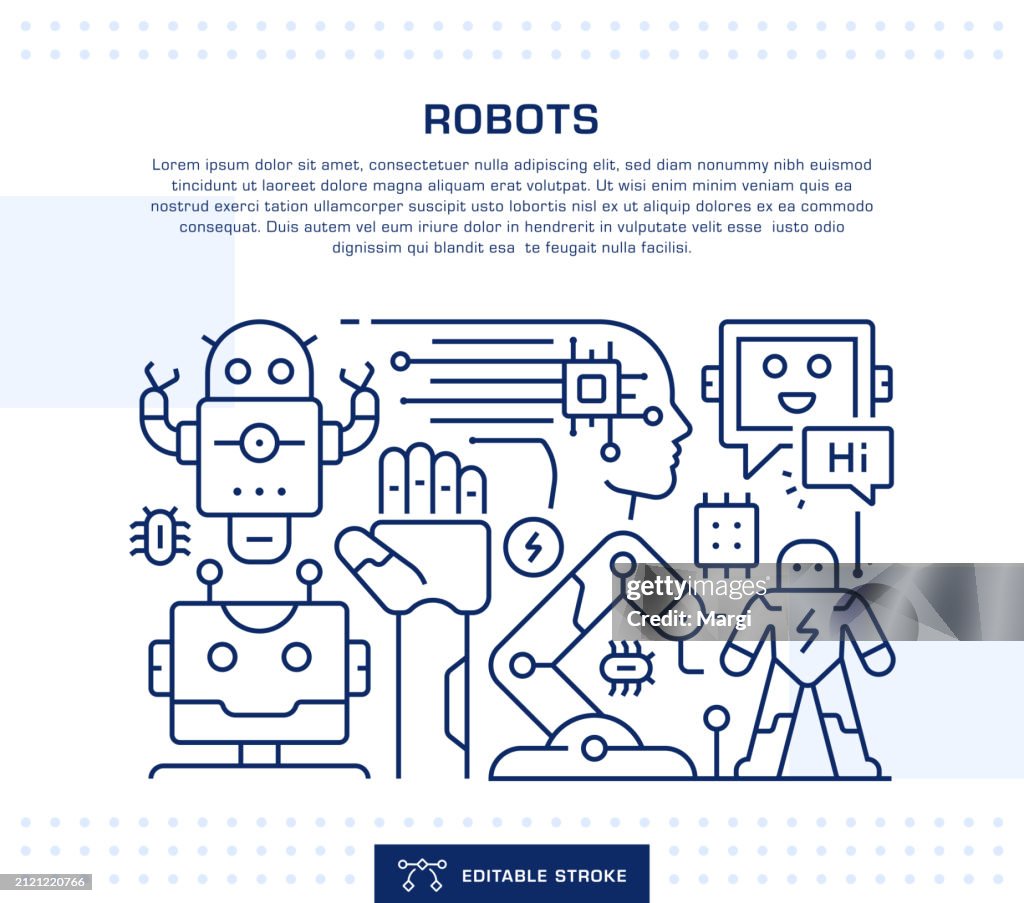 Robotics Concept Header, Web Banner Template. Editable Thin Line Illustration