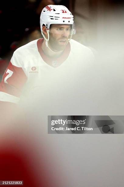 Compher of the Detroit Red Wings skates during the second period of the game against the Carolina Hurricanes at PNC Arena on March 28, 2024 in...