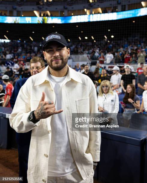Neymar Jr. Attends the game between the Miami Marlins and the Pittsburgh Pirates on Opening Day at loanDepot park on March 28, 2024 in Miami, Florida.