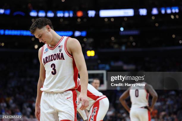 Pelle Larsson of the Arizona Wildcats reacts after losing to the Clemson Tigers during the second half in the Sweet 16 round of the NCAA Men's...