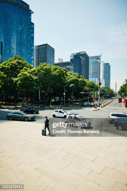 extreme wide shot man with rolling luggage walking on city boulevard - plano geral imagens e fotografias de stock