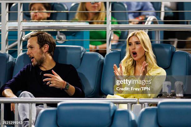 Ivanka Trump and her husband Jared Kushner watch Grigor Dimitrov of Bulgaria play against Carlos Alcaraz of Spain in the quarterfinals of the Miami...