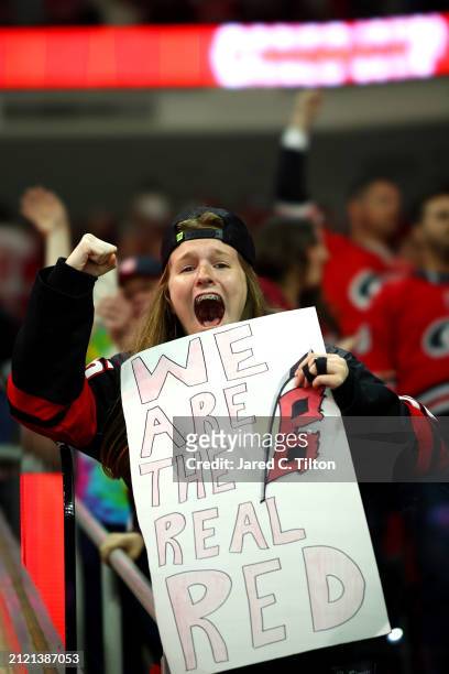 Carolina Hurricanes fan cheers during the third period of the game between the Carolina Hurricanes and the Detroit Red Wings at PNC Arena on March...