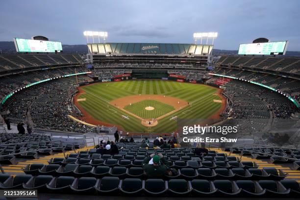 General view of the pitch thrown by Alex Wood of the Oakland Athletics during their game against the Cleveland Guardians at Oakland Coliseum on March...