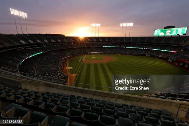 General view of the Oakland Athletics playing against the Cleveland Guardians in the second inning at Oakland Coliseum on March 28, 2024 in Oakland,...