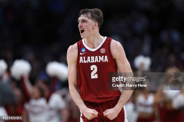 Grant Nelson of the Alabama Crimson Tide reacts after scoring against the North Carolina Tar Heels during the second half in the Sweet 16 round of...