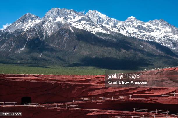 beautiful view of jade dragon snow mountain (or mtyulong) seen from jade dragon snow mountain scenic area of lijiang, in yunnan province, china. - lijiang stock pictures, royalty-free photos & images