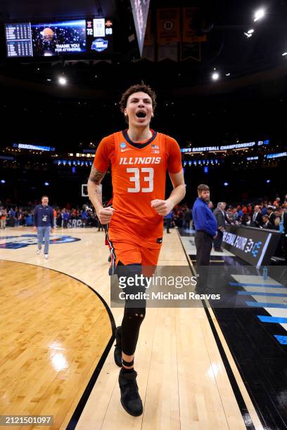 Coleman Hawkins of the Illinois Fighting Illini celebrates after defeating the Iowa State Cyclones in the Sweet 16 round of the NCAA Men's Basketball...