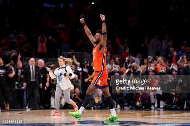 Quincy Guerrier of the Illinois Fighting Illini celebrates against the Iowa State Cyclones during the second half in the Sweet 16 round of the NCAA...