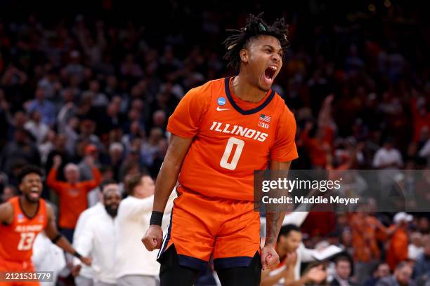 Terrence Shannon Jr. #0 of the Illinois Fighting Illini celebrates a basket against the Iowa State Cyclones during the second half in the Sweet 16...