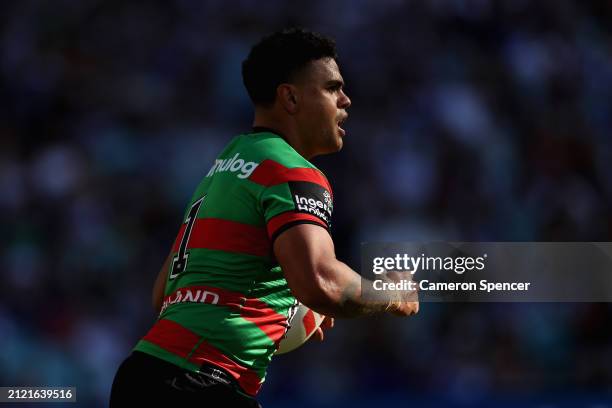 Latrell Mitchell of the Rabbitohs runs the ball during the round four NRL match between South Sydney Rabbitohs and Canterbury Bulldogs at Accor...