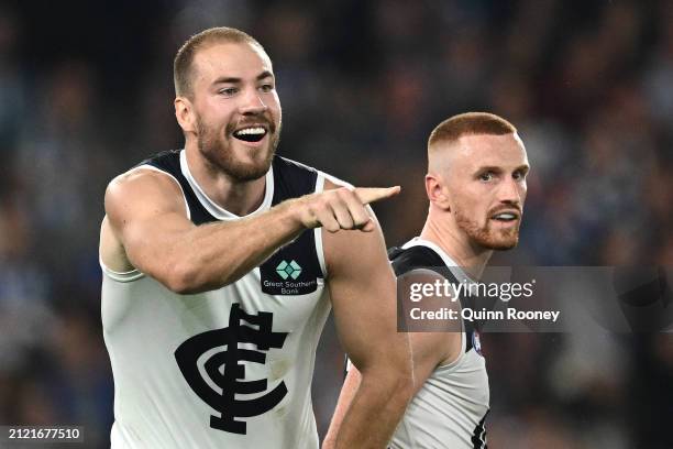 Harry McKay of the Blues celebrates kicking a goal during the round three AFL match between North Melbourne Kangaroos and Carlton Blues at Marvel...