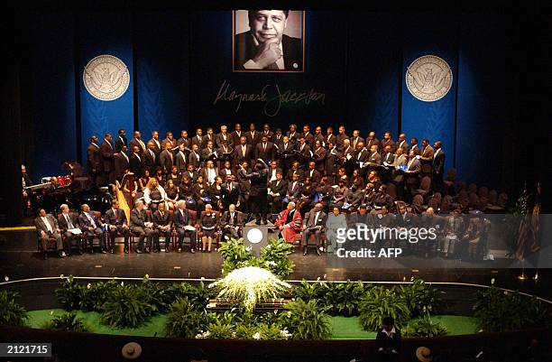 Choir sings during the funeral for former Atlanta Mayor Maynard Jackson, 28 June 2003, at the Civic Center in Atlanta, GA. Jackson, who was elected...