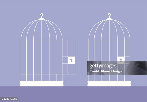 vogelkäfig. ein offener käfig oder ein gefängnis. - vogelkäfig stock-grafiken, -clipart, -cartoons und -symbole